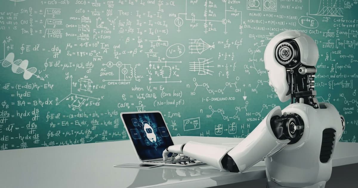 Humanoidalny robot AI analizuje dane produktowe na laptopie na tle tablicy ze wzorami technicznymi